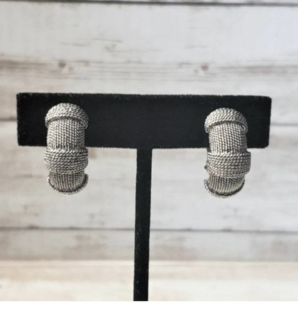 Vintage Clip On Earrings Silver Tone Rope Style Statement Half Hoops